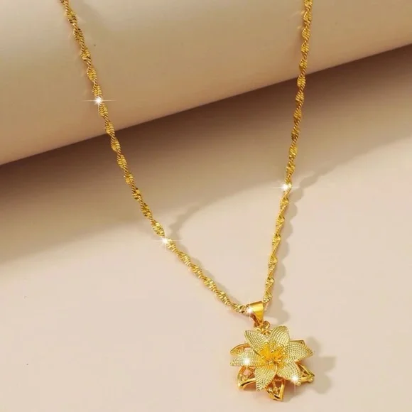 Yellow Gold Color Flower Pendant Necklace - Picture 3 of 3